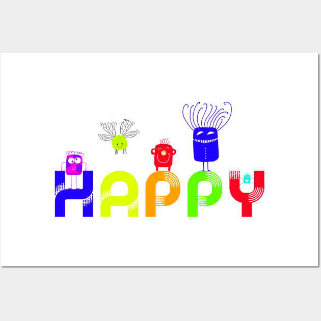 HAPPY Neon Monsters Cute Critters Smiling Positive Attitude Wall Art by ginkelmier@gmail.com